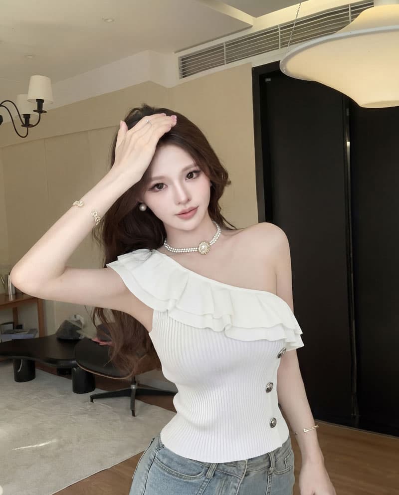 실사 비스듬한 어깨 의류 여성 여름 순수한 욕망 연령 감소 오프숄더 민소매 화이트 숄더백 프릴 튜브탑 니트 조끼 상세 이미지 4