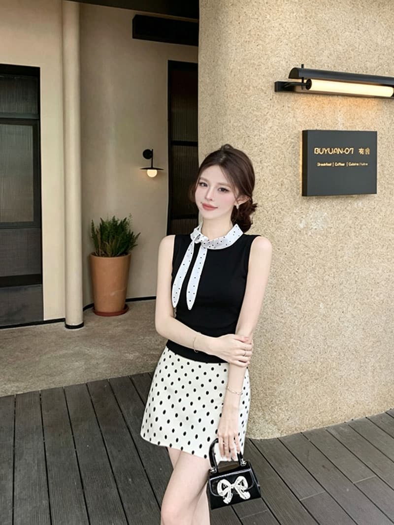 실사 자이언트 잘 생긴 검정색 민소매 맨위 코치 miu 인사이드 착용 가져 가라. 도트 무늬 반신 치마 세트 조끼 여성 여름 상세 이미지 5