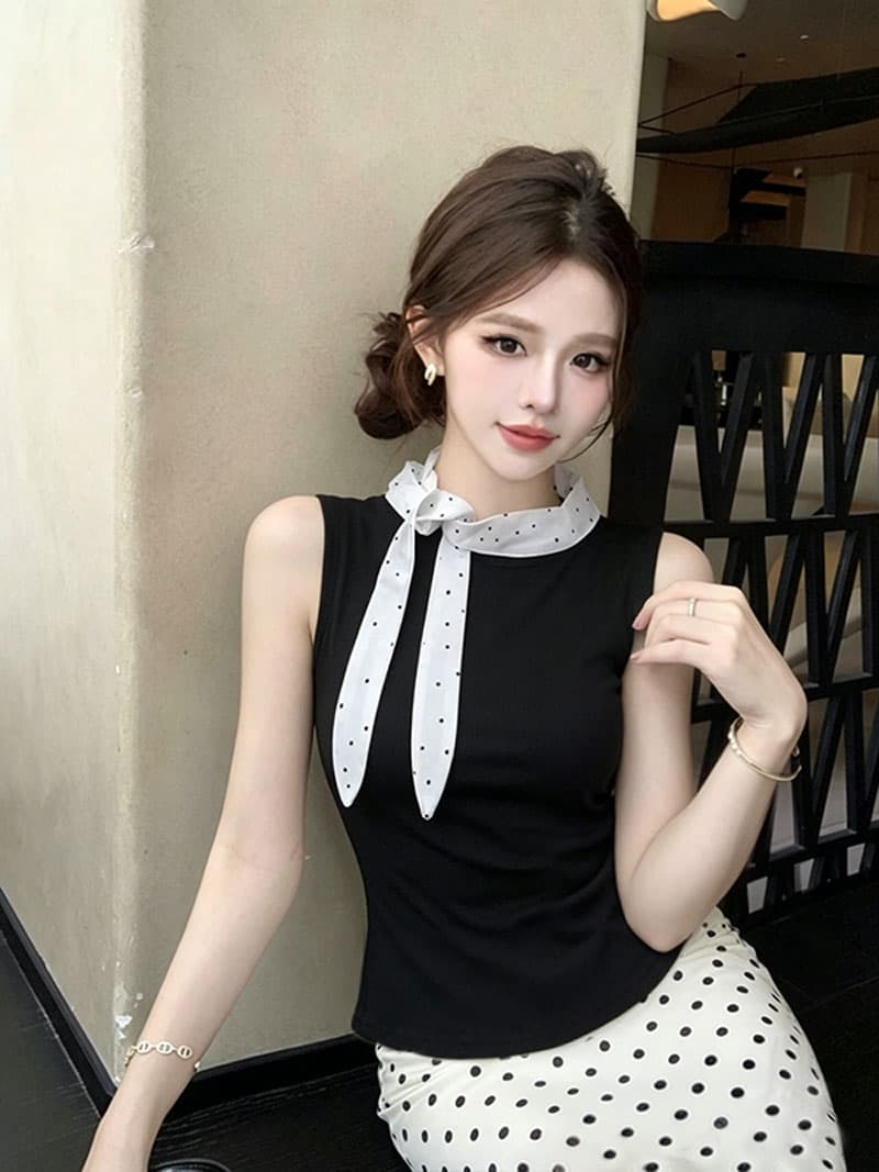 실사 자이언트 잘 생긴 검정색 민소매 맨위 코치 miu 인사이드 착용 가져 가라. 도트 무늬 반신 치마 세트 조끼 여성 여름 상세 이미지 7