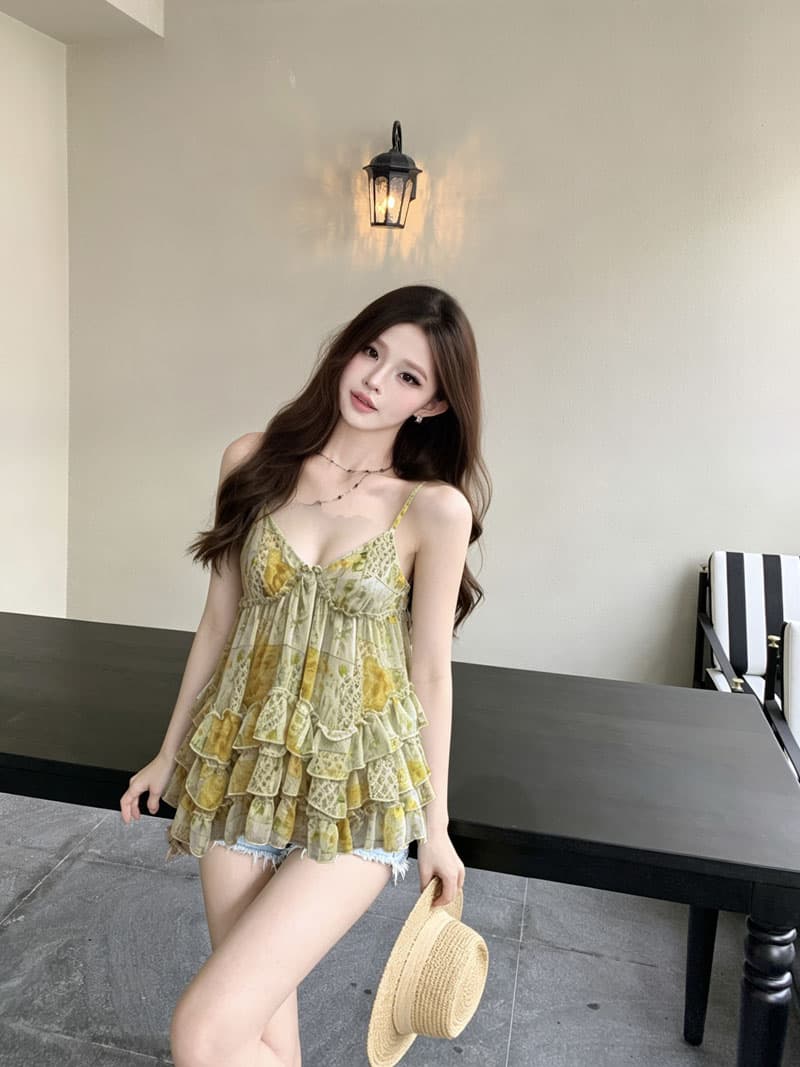 실사 휴가 꽃무늬 프릴 캐미솔 여름 해변가 휴가 바람 V넥 패치워크 맨위 상세 이미지 3