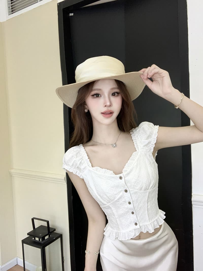 실사 프랑스식 홀로우 아웃 자수 거품 소매 셔츠 여성 여름 광장 칼라 작은 셔츠 몸매 가꾸기 슬림해 보이는 짧은 맨위 이미지 4