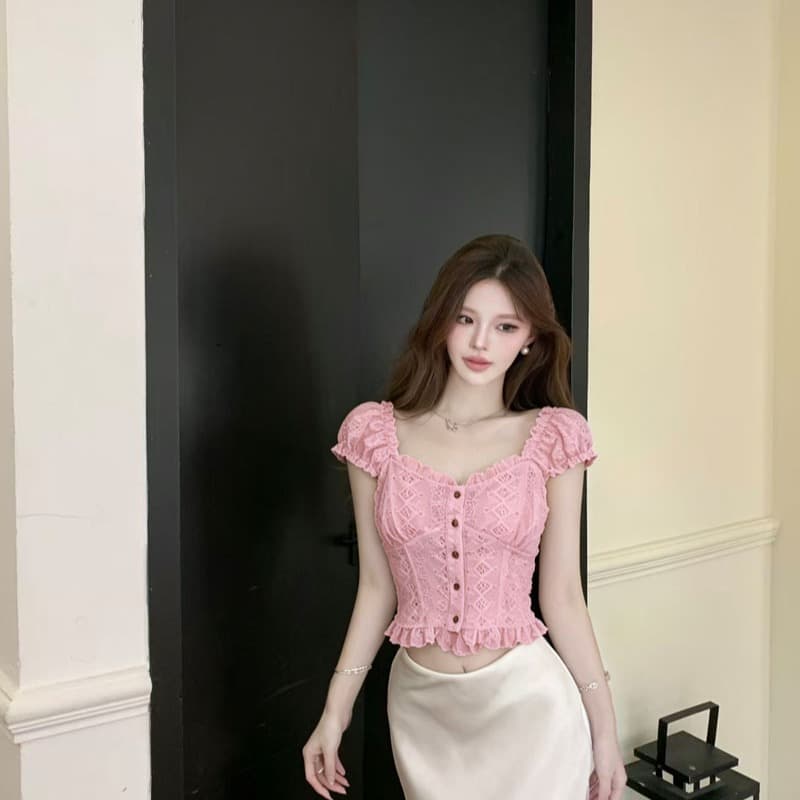 실사 프랑스식 홀로우 아웃 자수 거품 소매 셔츠 여성 여름 광장 칼라 작은 셔츠 몸매 가꾸기 슬림해 보이는 짧은 맨위 이미지 5