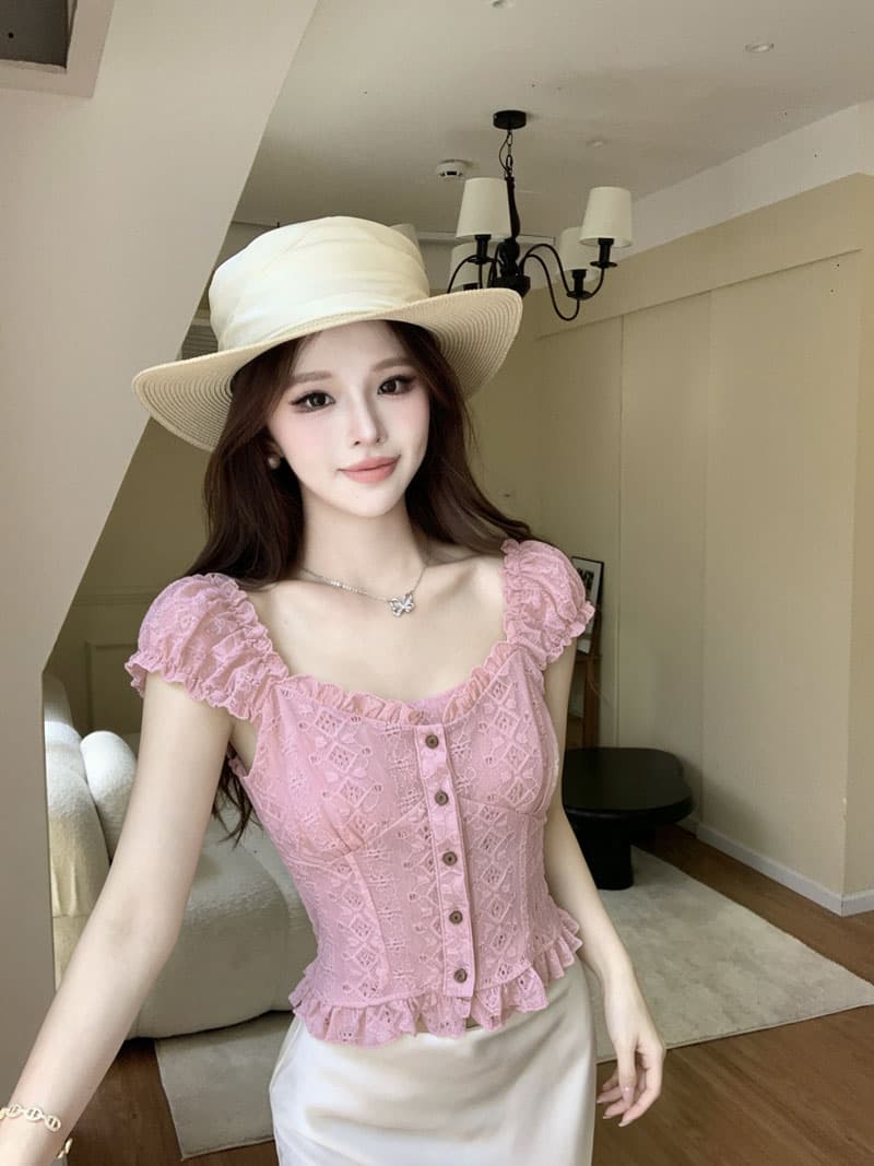 실사 프랑스식 홀로우 아웃 자수 거품 소매 셔츠 여성 여름 광장 칼라 작은 셔츠 몸매 가꾸기 슬림해 보이는 짧은 맨위 상세 이미지 7