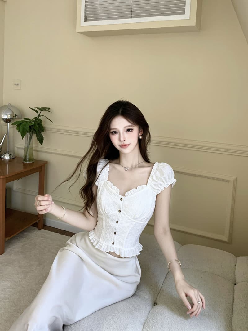 실사 프랑스식 홀로우 아웃 자수 거품 소매 셔츠 여성 여름 광장 칼라 작은 셔츠 몸매 가꾸기 슬림해 보이는 짧은 맨위 상세 이미지 8