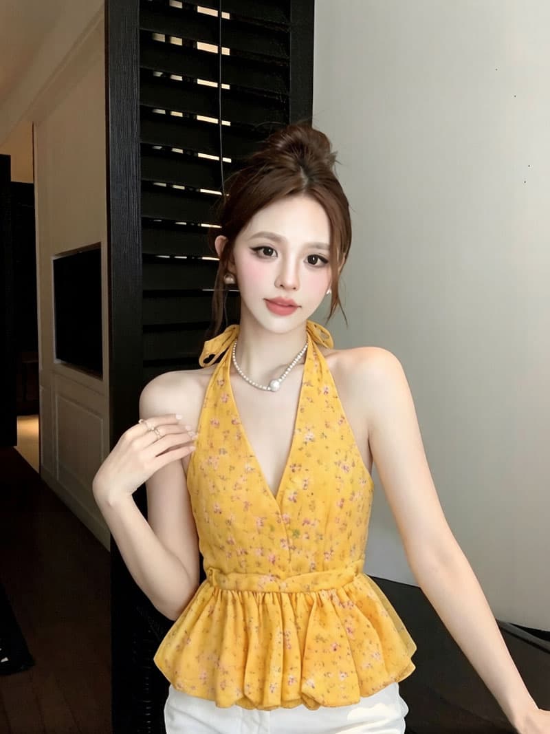 실사 황색 꽃무늬 행침 목 캐미솔 여름 새로운 도파민 달콤한 매운맛 외출용 슬림해 보이는 민소매 맨위 상세 이미지 1