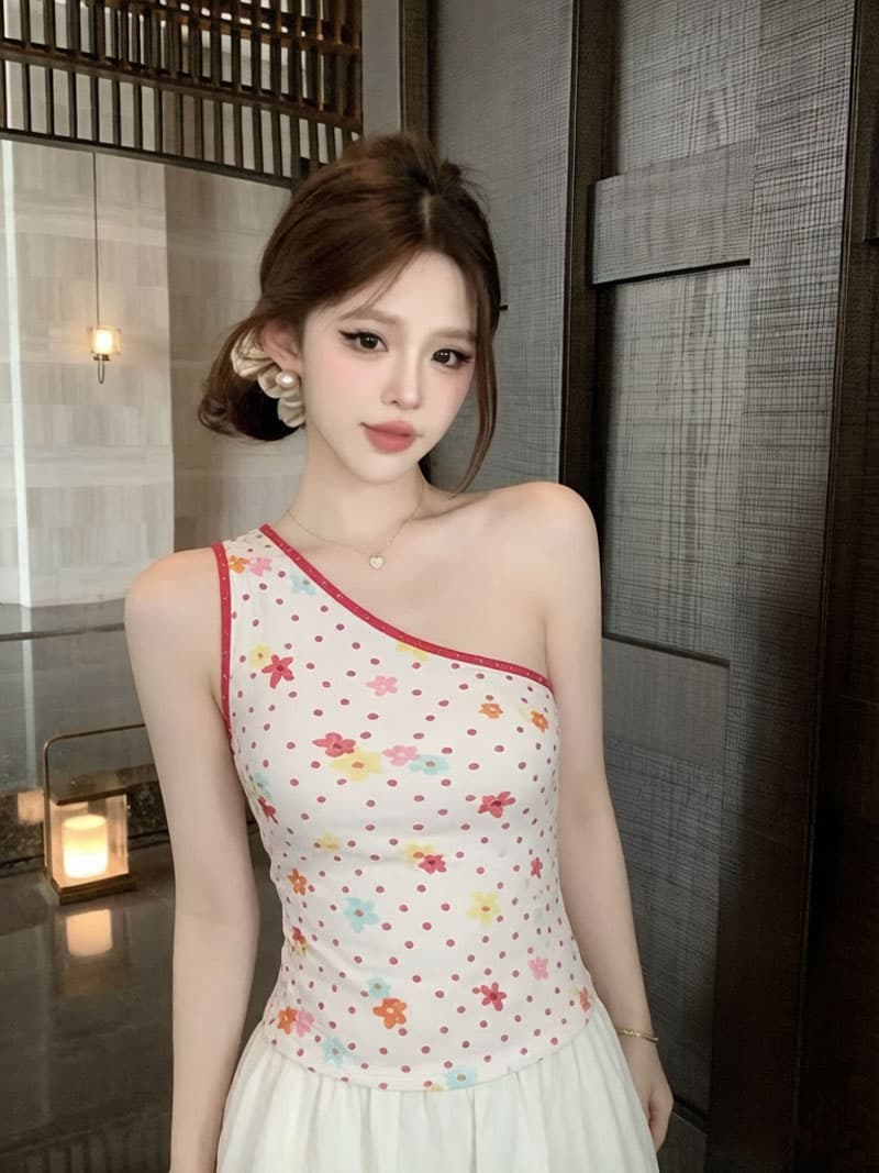 실사 핫픽스 배색 꽃 도트 무늬 비스듬한 어깨 몸매 가꾸기 캐미솔 여름 핫걸 도파민 슬림해 보이는 쇼트 스타일 맨위 상세 이미지 1