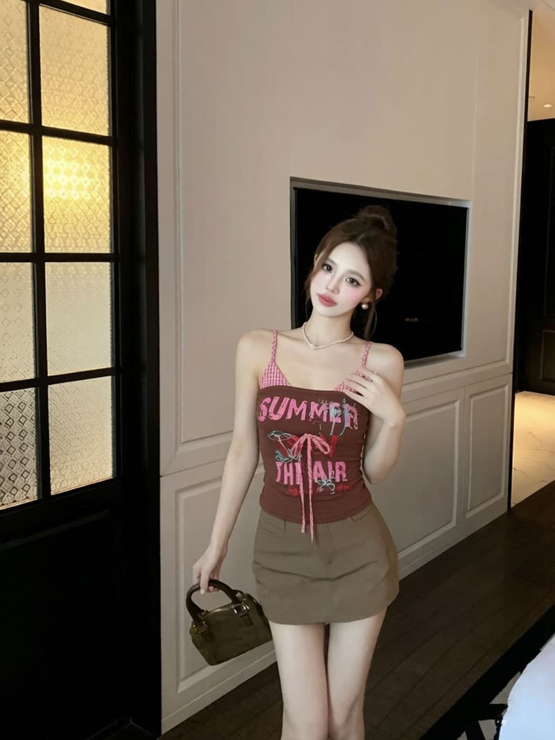 실사 아메리칸 레트로 알파벳 프린트 행침 목 조끼 여성 핫걸 바람 슬림해 보이는 슬립 맨위 상세 이미지 5