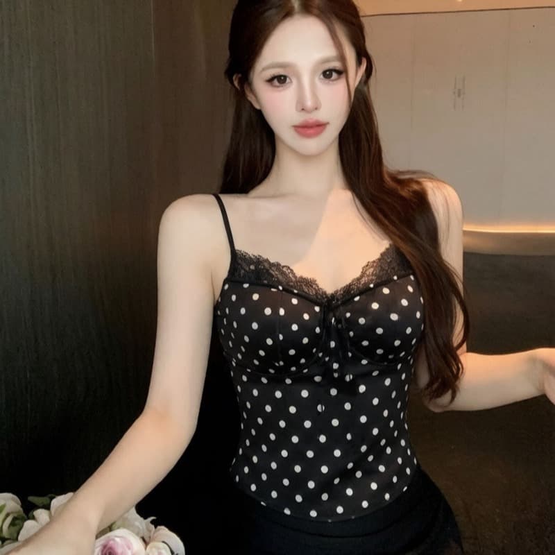 실사 프랑스식 도트 무늬 레이스 튜브탑 캐미솔 허리 수축 핫걸 디자인 센스 쇼트 스타일 이미지 5