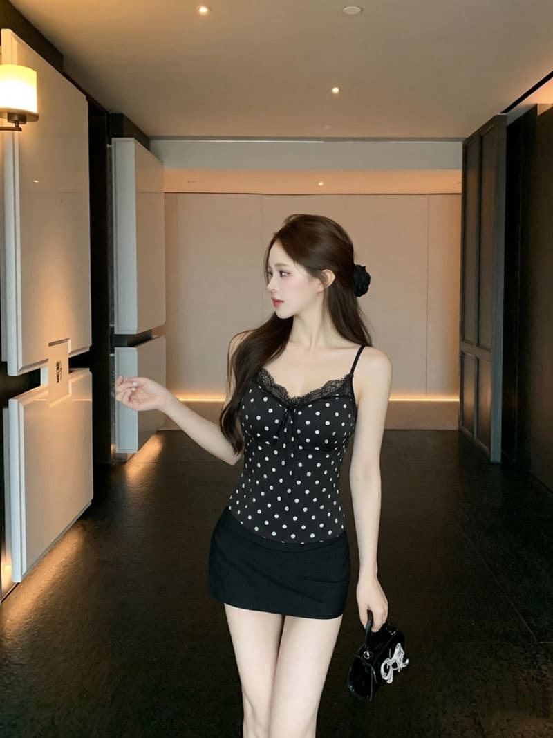 실사 프랑스식 도트 무늬 레이스 튜브탑 캐미솔 허리 수축 핫걸 디자인 센스 쇼트 스타일 상세 이미지 4