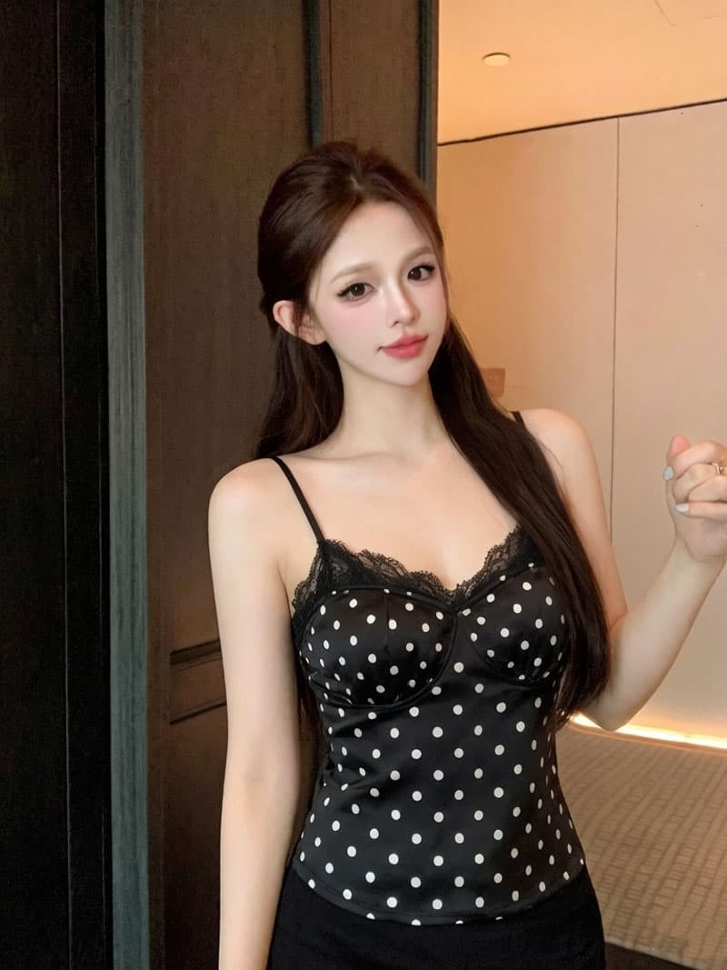 실사 프랑스식 도트 무늬 레이스 튜브탑 캐미솔 허리 수축 핫걸 디자인 센스 쇼트 스타일 상세 이미지 7