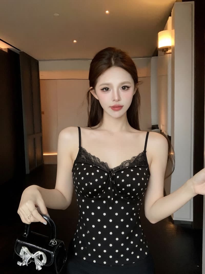 실사 프랑스식 도트 무늬 레이스 튜브탑 캐미솔 허리 수축 핫걸 디자인 센스 쇼트 스타일 상세 이미지 9
