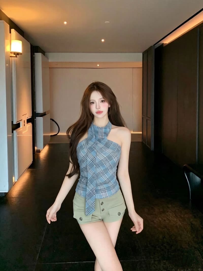 실사 아메리칸 레트로 체크무늬 캐미솔 외출용 디자인 센스 비스듬한 어깨 핫걸 망사 행침 목 맨위 이미지 2