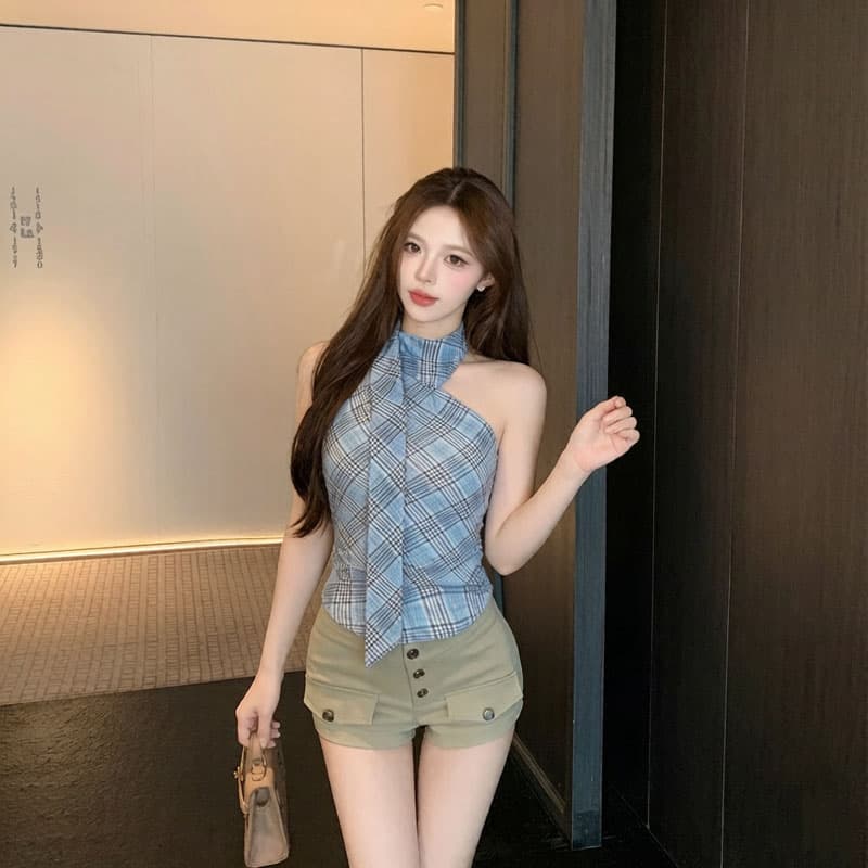 실사 아메리칸 레트로 체크무늬 캐미솔 외출용 디자인 센스 비스듬한 어깨 핫걸 망사 행침 목 맨위 이미지 3