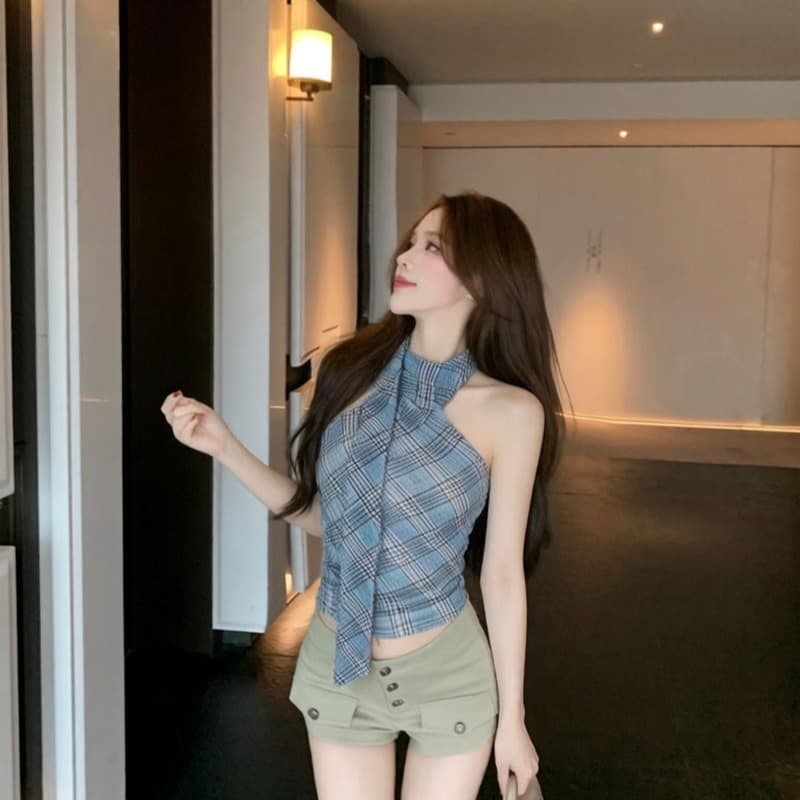 실사 아메리칸 레트로 체크무늬 캐미솔 외출용 디자인 센스 비스듬한 어깨 핫걸 망사 행침 목 맨위 이미지 5