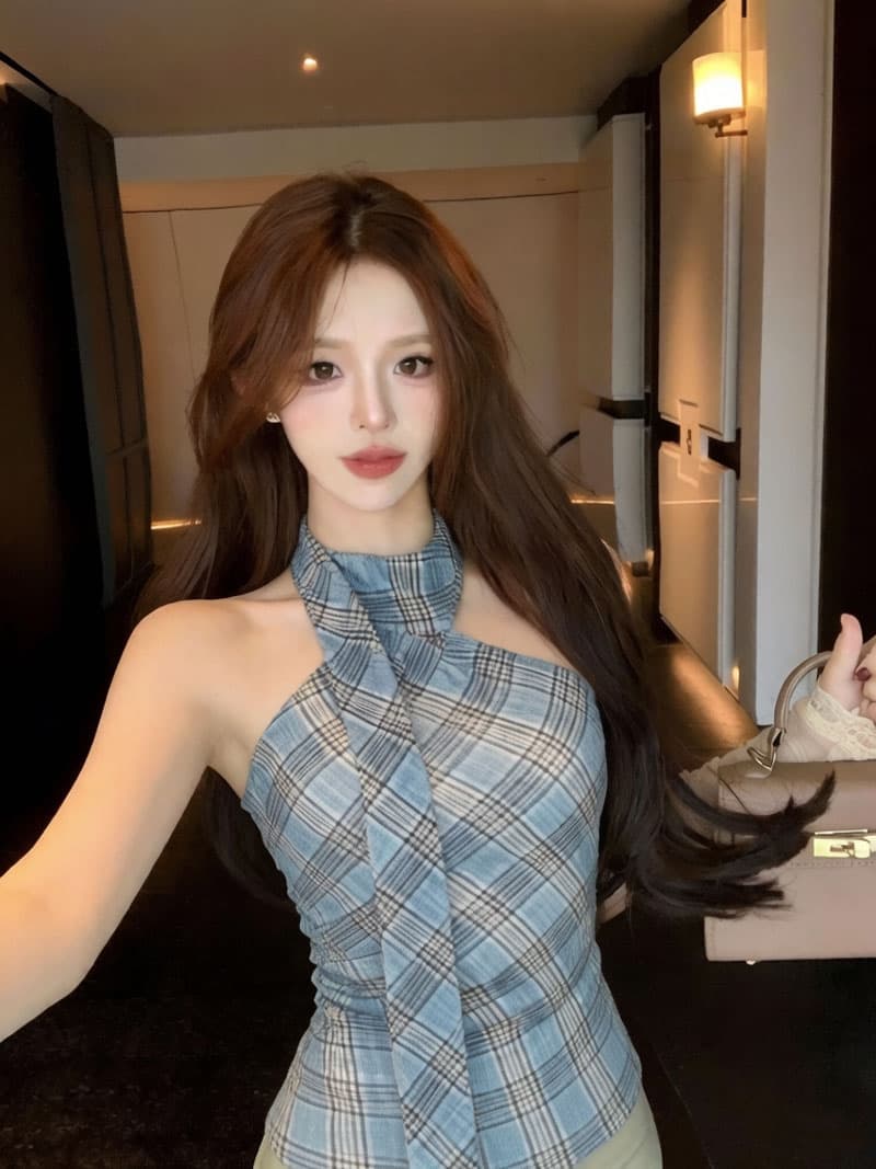 실사 아메리칸 레트로 체크무늬 캐미솔 외출용 디자인 센스 비스듬한 어깨 핫걸 망사 행침 목 맨위 상세 이미지 6
