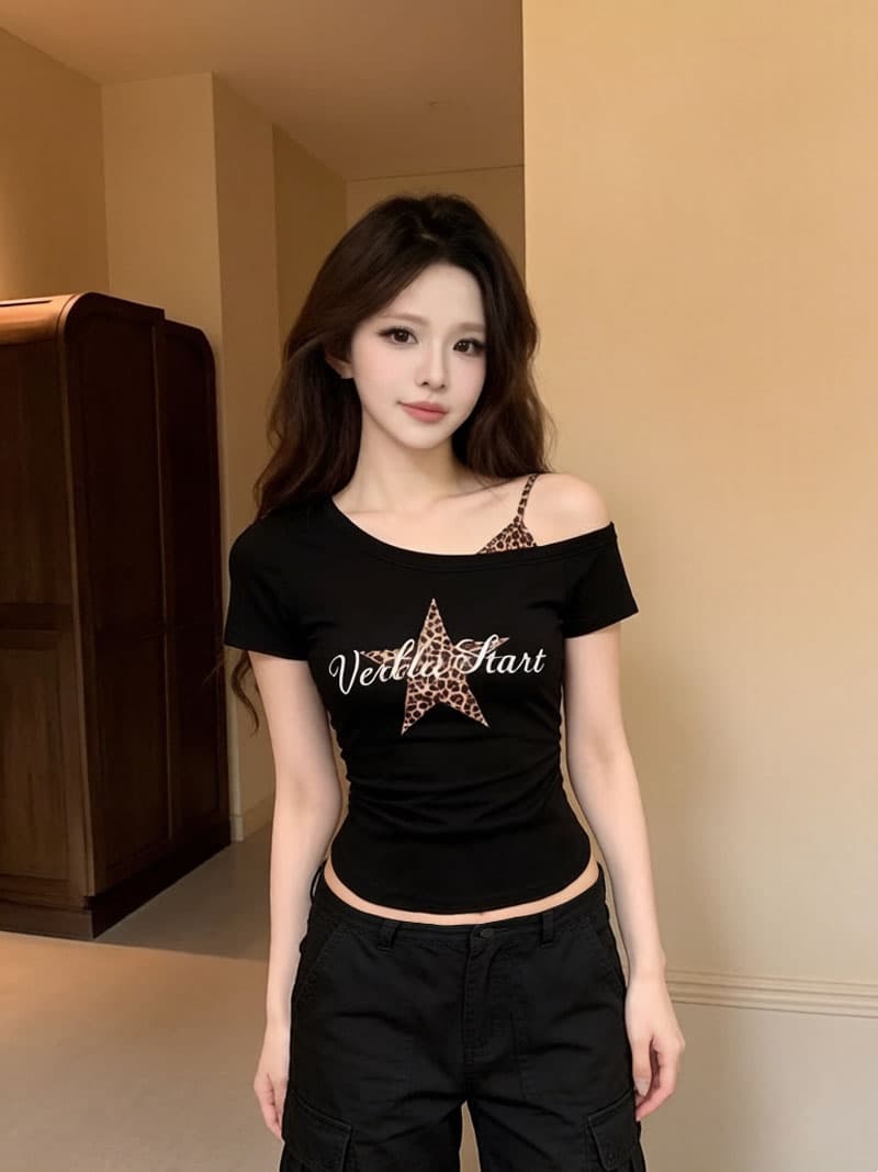실사 아메리칸 핫걸 레오파드 무늬 오각형 별 프린트 반팔 티셔츠 여름 새로운 몸매 가꾸기 슬림해 보이는 비스듬한 어깨 의류 상세 이미지 8