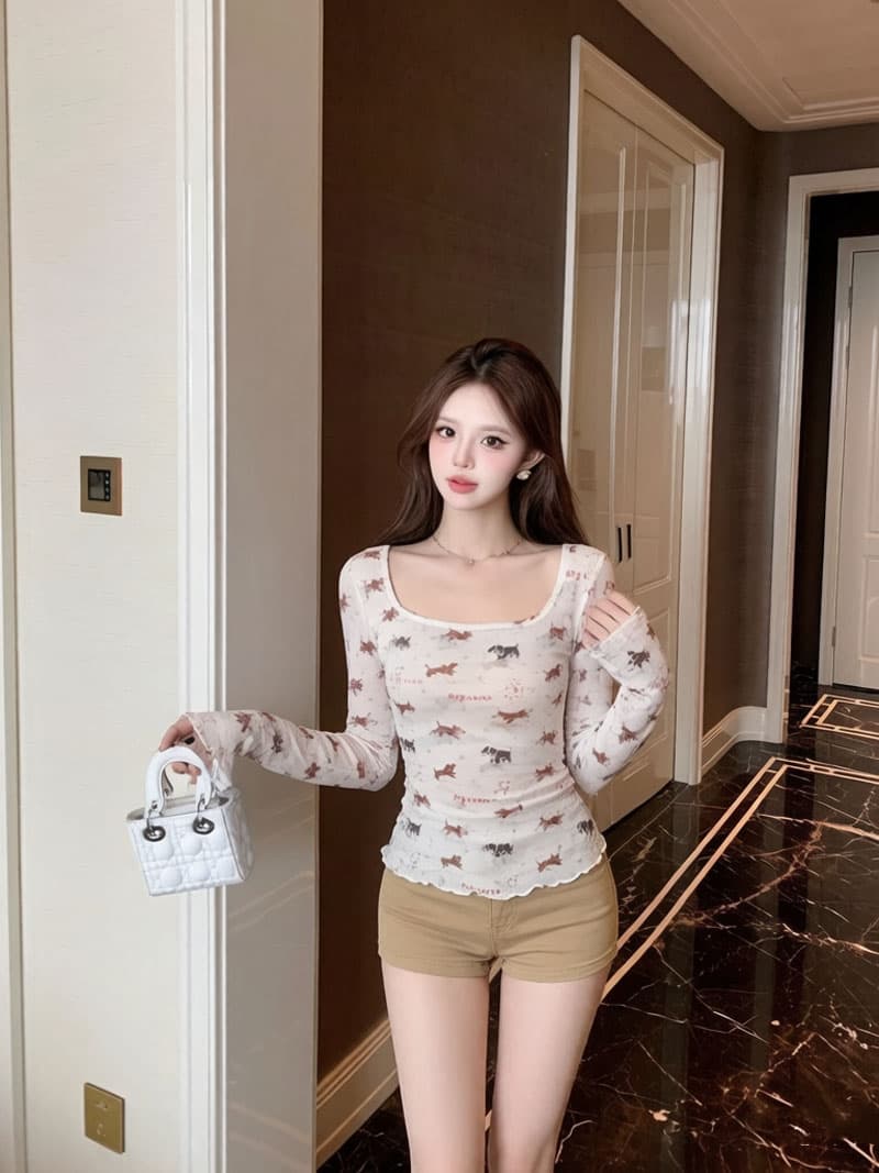 실사 재미있는 강아지 프린트 u 칼라 몸매 가꾸기 백리스 긴팔 티셔츠 여성 이른 가을 허리 수축 슬림해 보이는 캐주얼 핫걸 맨위 이미지 2