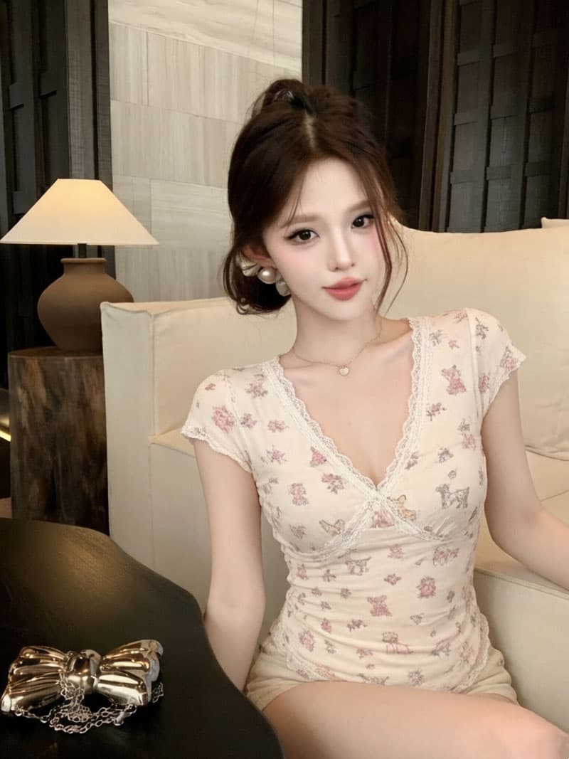 실사 순수한 욕망 레이스 측면 v 강아지 프린트 반팔 티셔츠 여성 몸매 가꾸기 슬림해 보이는 맨위 상세 이미지 7