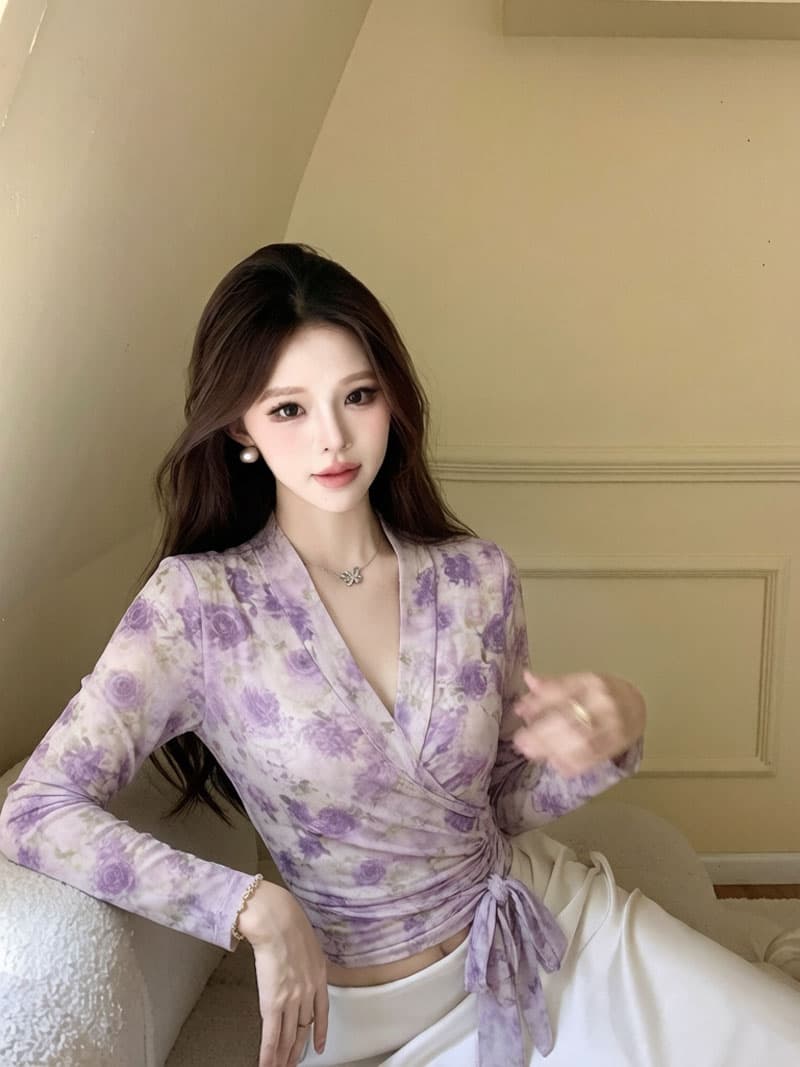실사 보라색 꽃무늬 프린트 망사 맨위 여성 여름 새로운 몸매 가꾸기 여성 V넥 긴팔 허리 수축 작은 셔츠