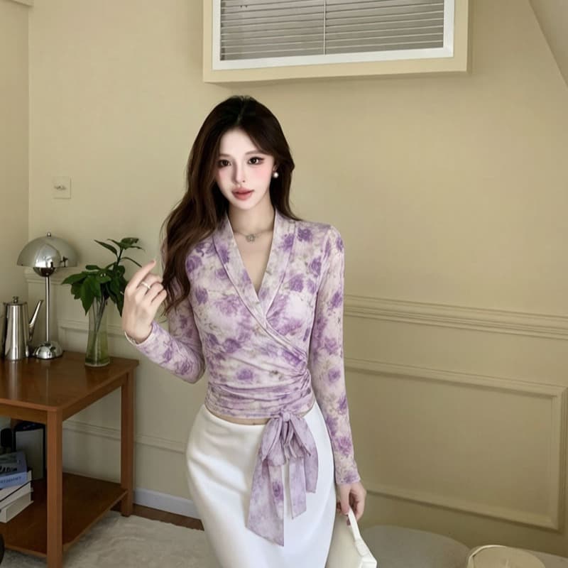 실사 보라색 꽃무늬 프린트 망사 맨위 여성 여름 새로운 몸매 가꾸기 여성 V넥 긴팔 허리 수축 작은 셔츠 이미지 5
