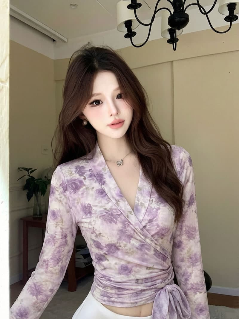 실사 보라색 꽃무늬 프린트 망사 맨위 여성 여름 새로운 몸매 가꾸기 여성 V넥 긴팔 허리 수축 작은 셔츠 상세 이미지 2