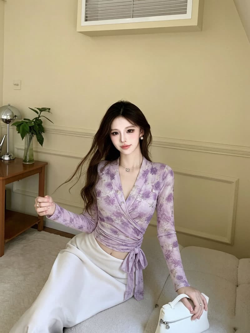 실사 보라색 꽃무늬 프린트 망사 맨위 여성 여름 새로운 몸매 가꾸기 여성 V넥 긴팔 허리 수축 작은 셔츠 상세 이미지 4