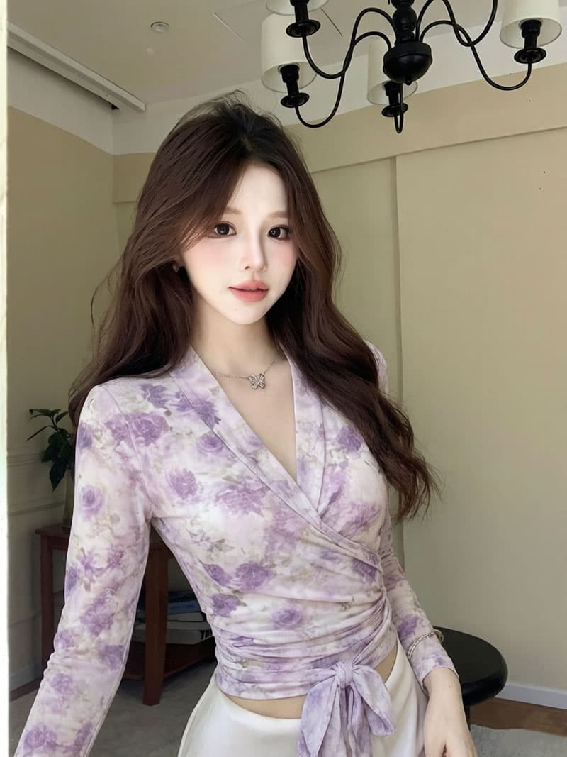 실사 보라색 꽃무늬 프린트 망사 맨위 여성 여름 새로운 몸매 가꾸기 여성 V넥 긴팔 허리 수축 작은 셔츠 상세 이미지 7