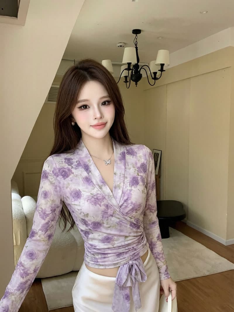 실사 보라색 꽃무늬 프린트 망사 맨위 여성 여름 새로운 몸매 가꾸기 여성 V넥 긴팔 허리 수축 작은 셔츠 상세 이미지 8
