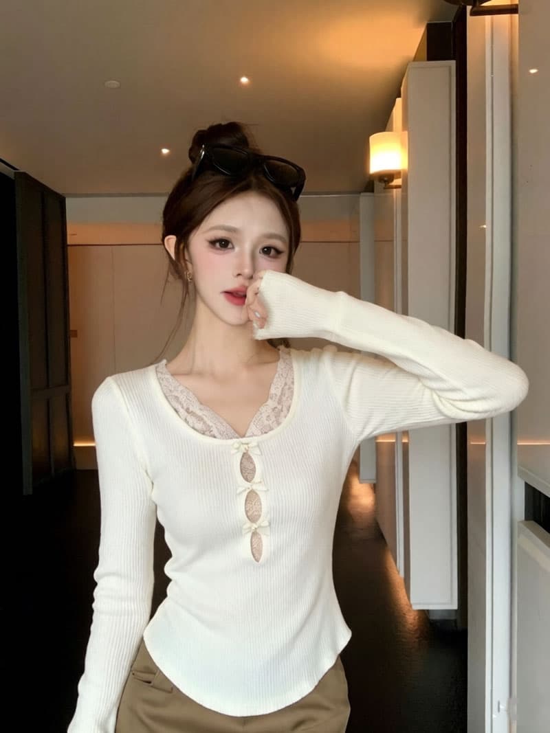 실사 고급 디자인 센스 레이스 긴팔 고유 한 아름다운 작은 맨위 여성 뜨개질 털 셔츠 만나는 이미지 3