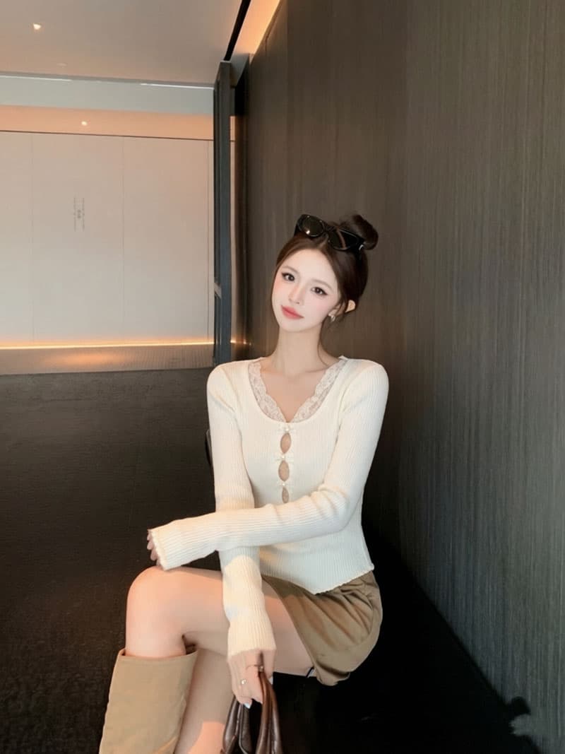 실사 고급 디자인 센스 레이스 긴팔 고유 한 아름다운 작은 맨위 여성 뜨개질 털 셔츠 만나는 이미지 4