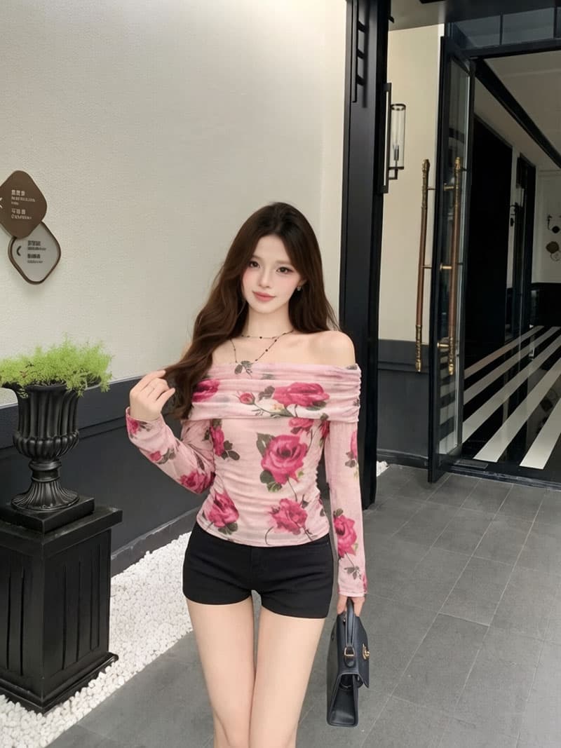 실사 부드러운 바람 장미 프린트 오프숄더 허리 수축 긴팔 티셔츠 여성 통기성 몸매 가꾸기 슬림해 보이는 쇼트 스타일 핫걸 맨위 이미지 3