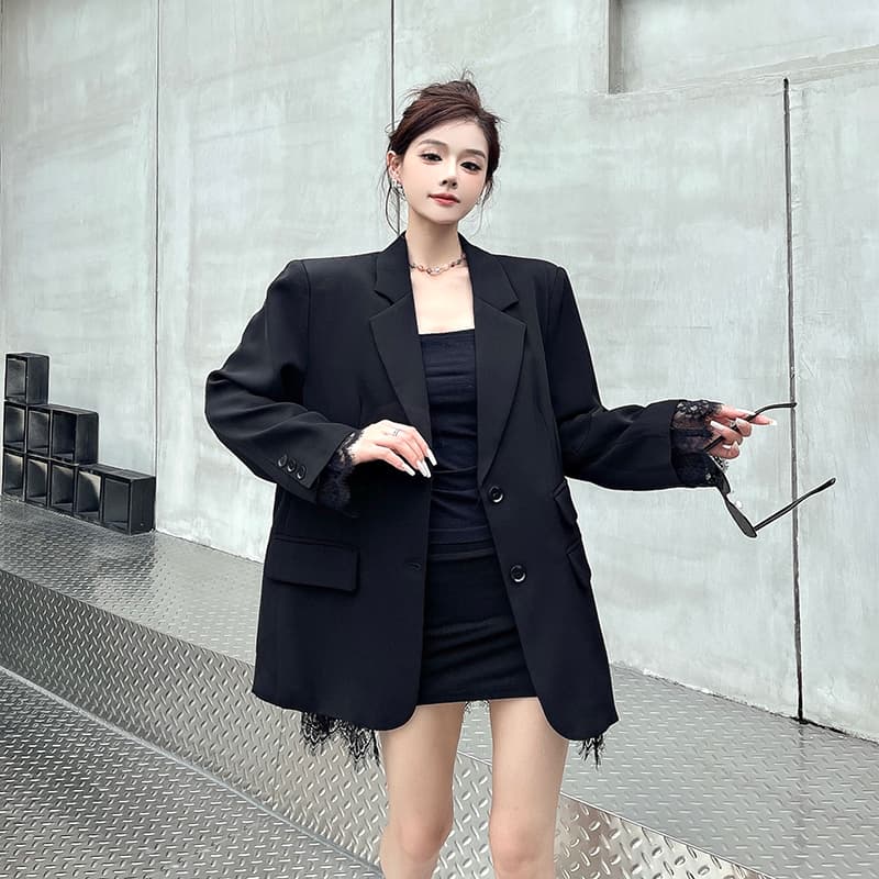 실사 정가 검정색 레이스 조각 정장 여성 코트 봄 가을 새로운 늑골 피부 느낌 외국 절단 정장 패션 다용도 이미지 5