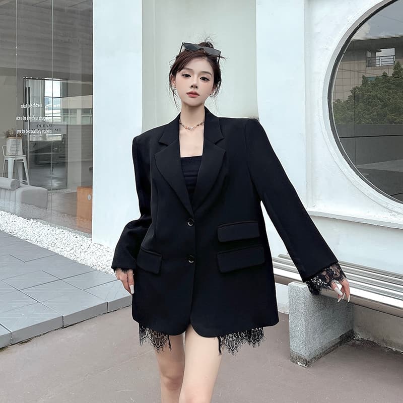 실사 정가 검정색 레이스 조각 정장 여성 코트 봄 가을 새로운 늑골 피부 느낌 외국 절단 정장 패션 다용도 상세 이미지 7