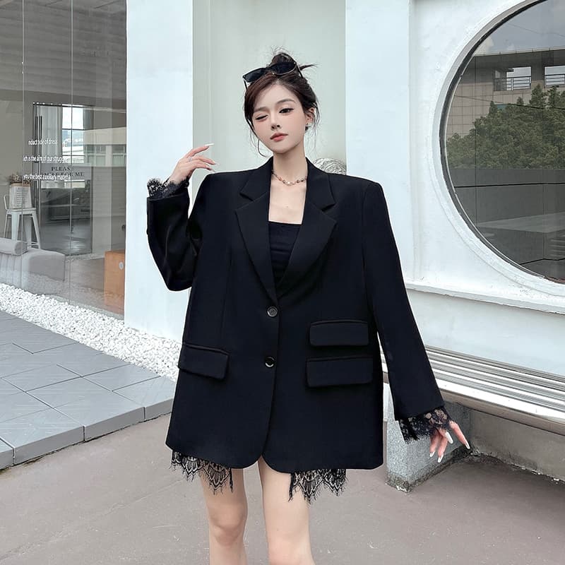 실사 정가 검정색 레이스 조각 정장 여성 코트 봄 가을 새로운 늑골 피부 느낌 외국 절단 정장 패션 다용도 상세 이미지 5
