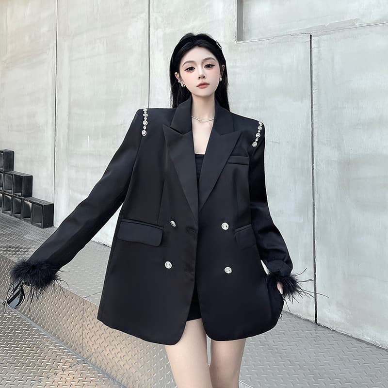 실사 정가 고급 센스 주문 훈련 깃털 술 새틴 블레이저 여성 긴 소매 명문 여성 비즈 박기 ol 정장 상세 이미지 3