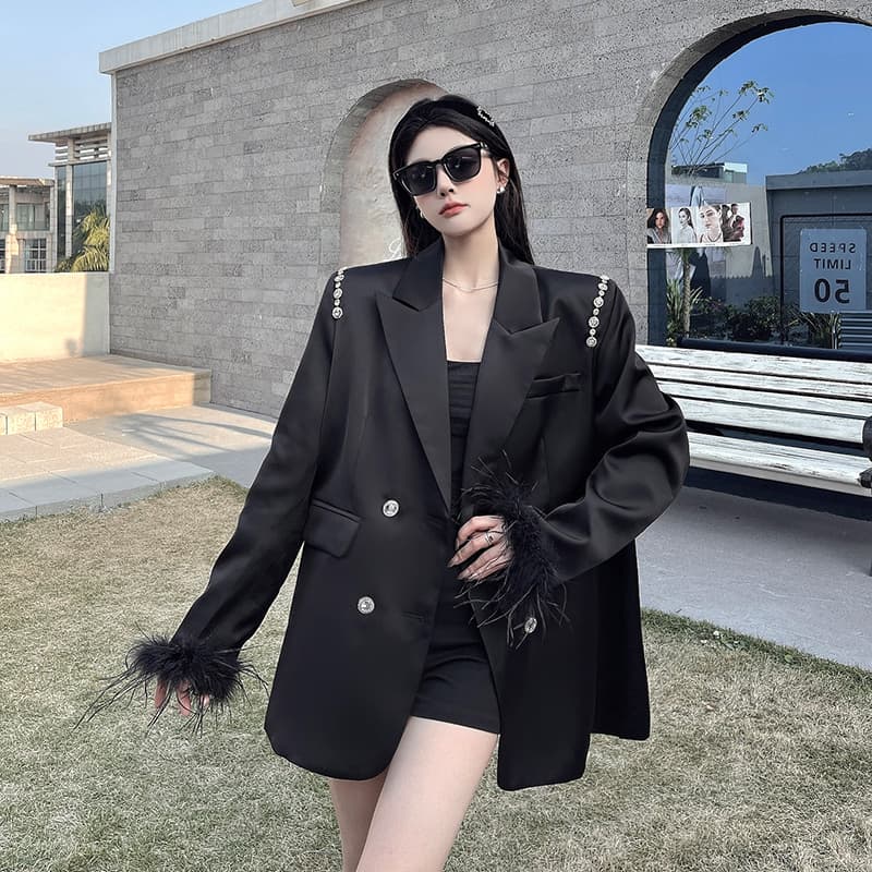 실사 정가 고급 센스 주문 훈련 깃털 술 새틴 블레이저 여성 긴 소매 명문 여성 비즈 박기 ol 정장 상세 이미지 14