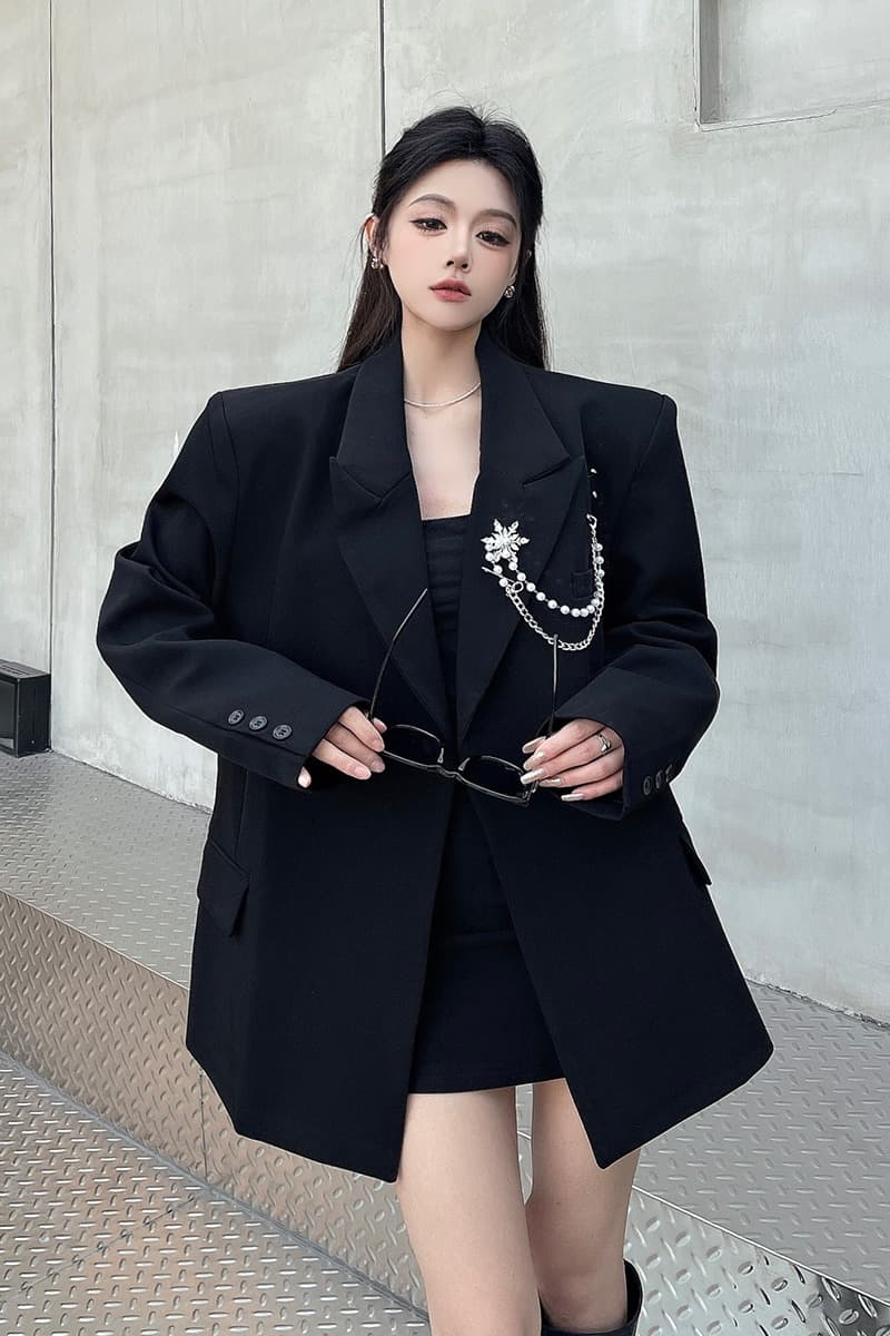 실사 정가 빛 럭셔리 작은 대중 디자인 센스 검정색 정장 여성 코트 프로필 모양 허리 수축 어깨 패드 악당 잘 생긴 정장 맨위 이미지 6