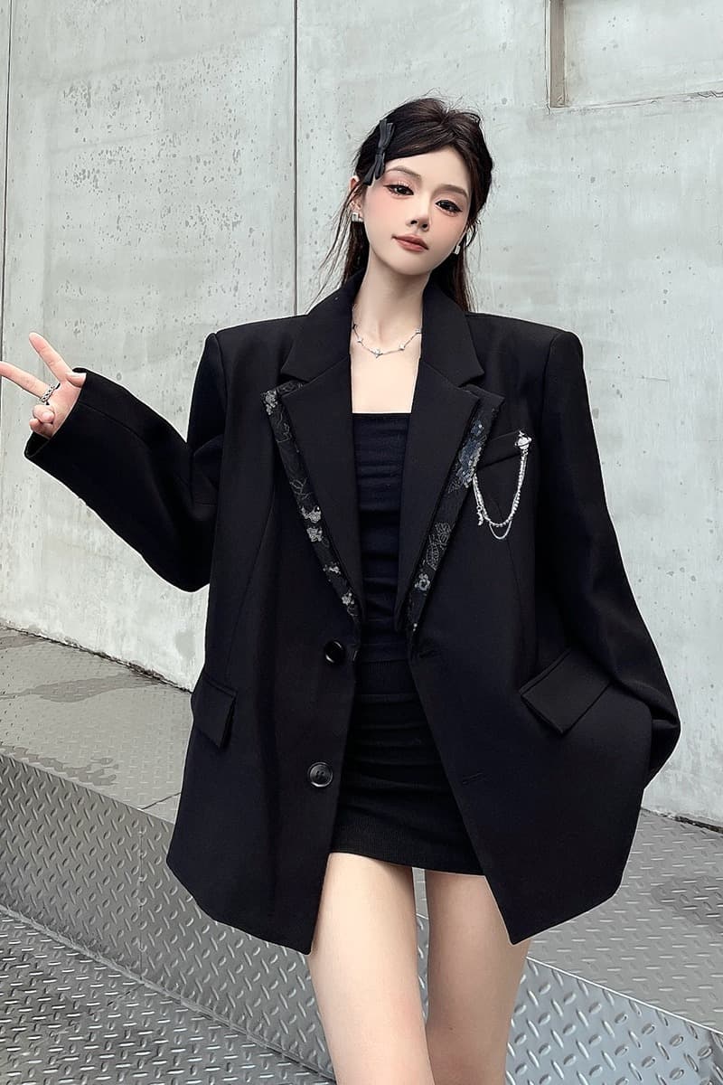 실사 정가 디자인 센스 검정색 정장 여성 코트 봄 가을 새로운 루즈핏 패치워크 페이크 레이어드 어깨 패드 정장 이미지 6