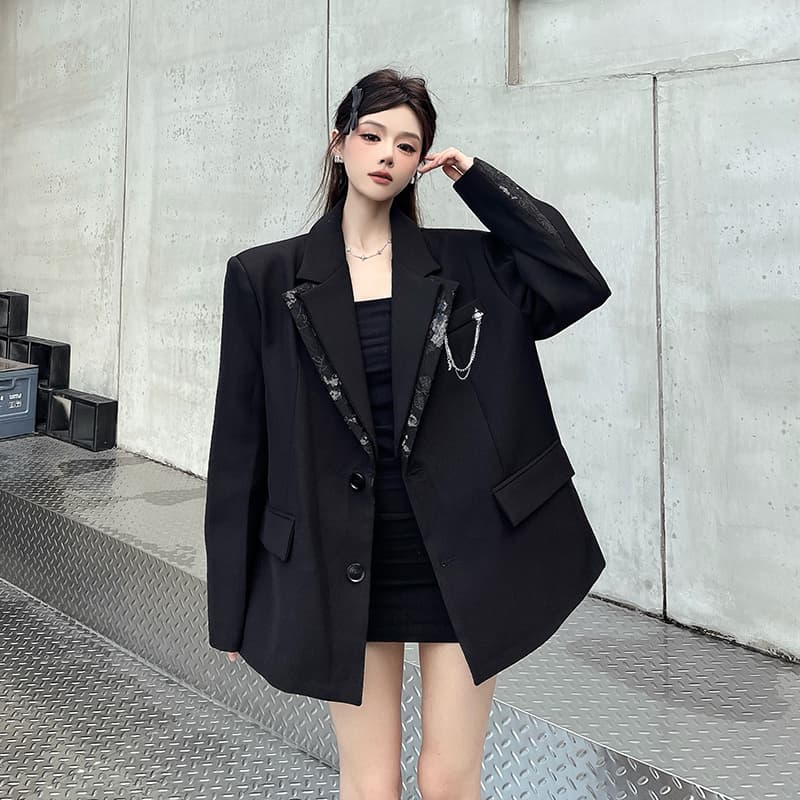 실사 정가 디자인 센스 검정색 정장 여성 코트 봄 가을 새로운 루즈핏 패치워크 페이크 레이어드 어깨 패드 정장 상세 이미지 5