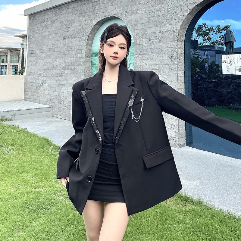 실사 정가 디자인 센스 검정색 정장 여성 코트 봄 가을 새로운 루즈핏 패치워크 페이크 레이어드 어깨 패드 정장 상세 이미지 10