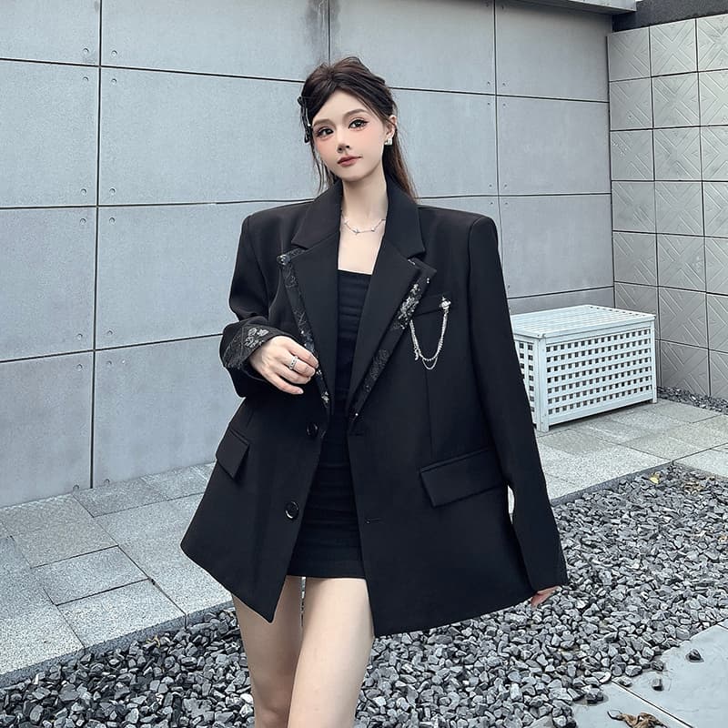 실사 정가 디자인 센스 검정색 정장 여성 코트 봄 가을 새로운 루즈핏 패치워크 페이크 레이어드 어깨 패드 정장 상세 이미지 14