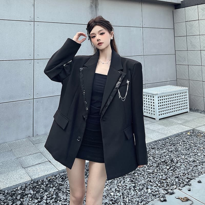 실사 정가 디자인 센스 검정색 정장 여성 코트 봄 가을 새로운 루즈핏 패치워크 페이크 레이어드 어깨 패드 정장 상세 이미지 17