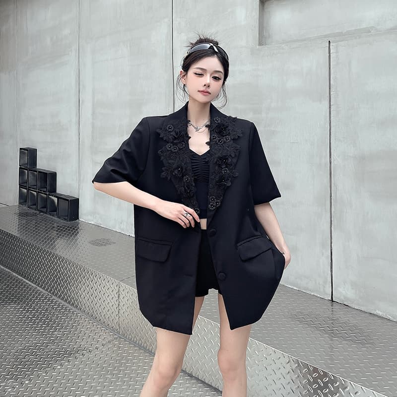 실사 정가 작은 대중 디자인 센스 검정색 정장 여성 코트 여름 새로운 뒤로 레이스 홀로우 아웃 정장 상세 이미지 2