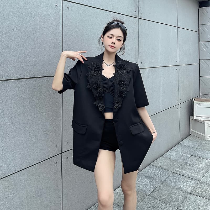 실사 정가 작은 대중 디자인 센스 검정색 정장 여성 코트 여름 새로운 뒤로 레이스 홀로우 아웃 정장 상세 이미지 9