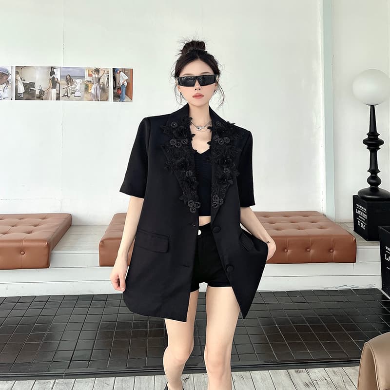 실사 정가 작은 대중 디자인 센스 검정색 정장 여성 코트 여름 새로운 뒤로 레이스 홀로우 아웃 정장 상세 이미지 12
