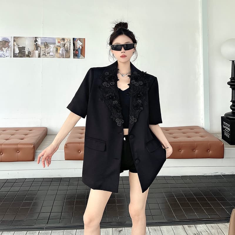 실사 정가 작은 대중 디자인 센스 검정색 정장 여성 코트 여름 새로운 뒤로 레이스 홀로우 아웃 정장 상세 이미지 14