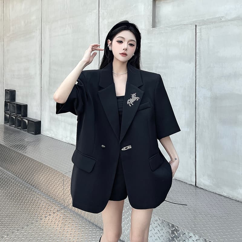 실사 정가 검정색 핫픽스 정장 여성 코트 여름 새로운 작은 대중 디자인 센스 루즈핏 반소매 어깨 패드 정장 상세 이미지 3