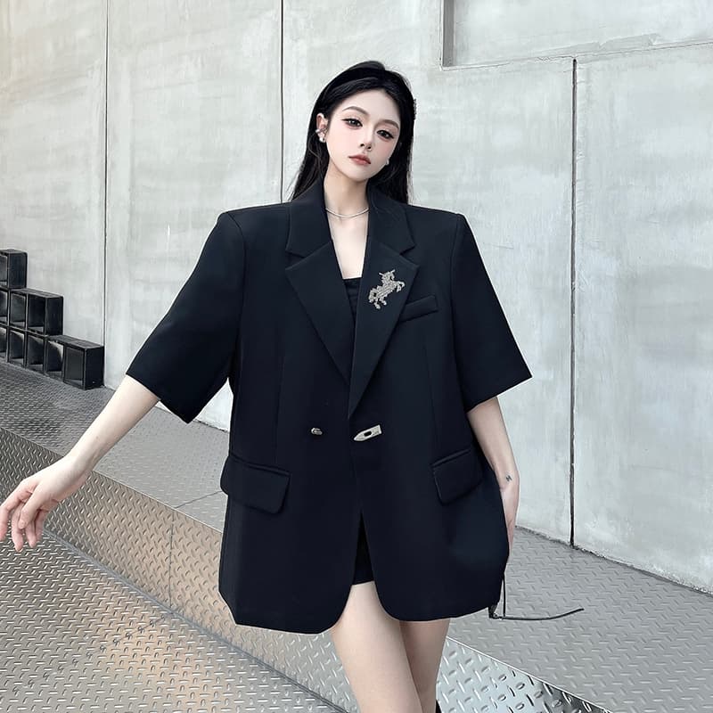 실사 정가 검정색 핫픽스 정장 여성 코트 여름 새로운 작은 대중 디자인 센스 루즈핏 반소매 어깨 패드 정장 상세 이미지 4