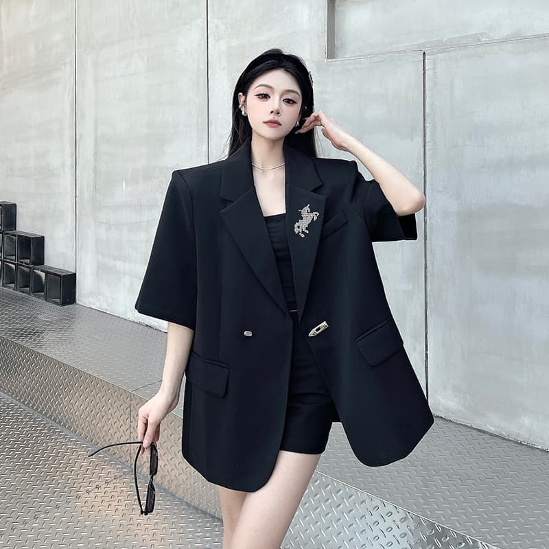 실사 정가 검정색 핫픽스 정장 여성 코트 여름 새로운 작은 대중 디자인 센스 루즈핏 반소매 어깨 패드 정장 상세 이미지 5