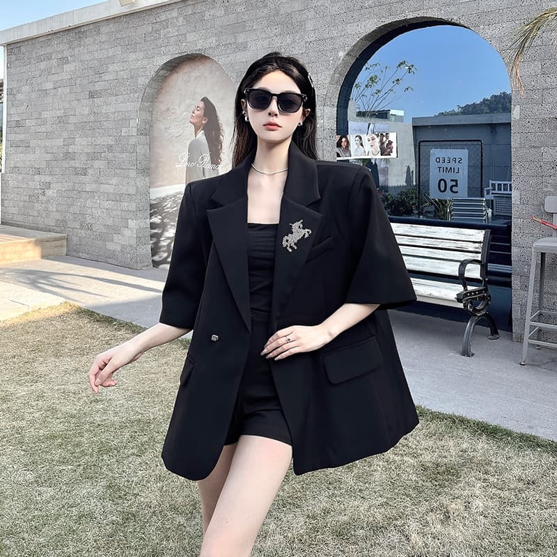 실사 정가 검정색 핫픽스 정장 여성 코트 여름 새로운 작은 대중 디자인 센스 루즈핏 반소매 어깨 패드 정장 상세 이미지 6